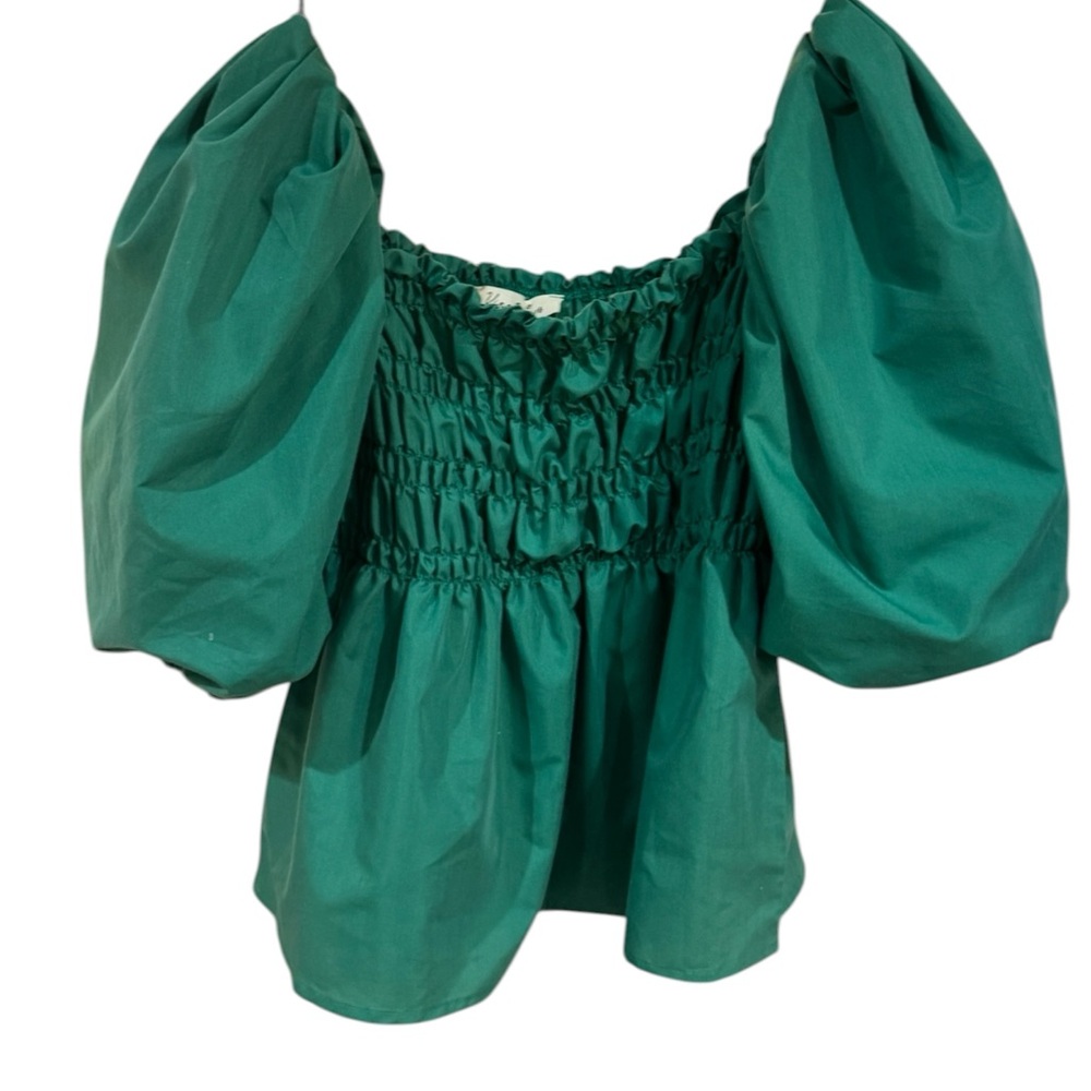 Anthropologie Emerald Green Off-Shoulder Puff Sleeve Blouse